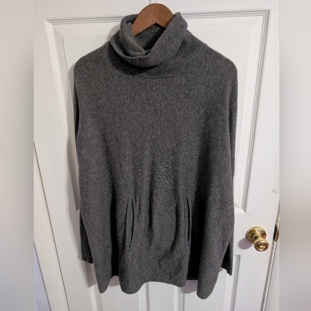 Garnet Hill Cashmere Turtleneck Sweater Gray Oversized Tunic Pocket Size Small